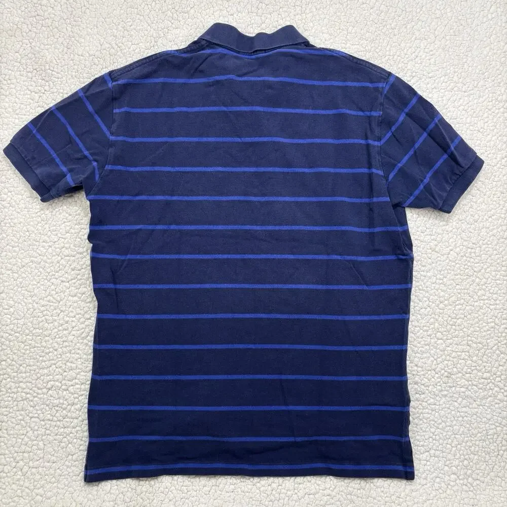 Polo Ralph Lauren Navy Blue Striped Cotton Polo‎ Shirt Mens Size L White Pony